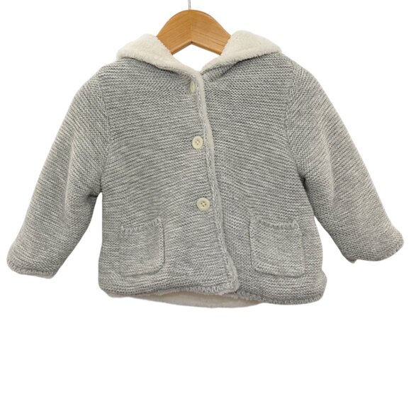 Baby Gap Sherpa Lined Gray Garter Knit Hoodie Jacket 6–12M Cozy Winter Neutral - Picture 2 of 9